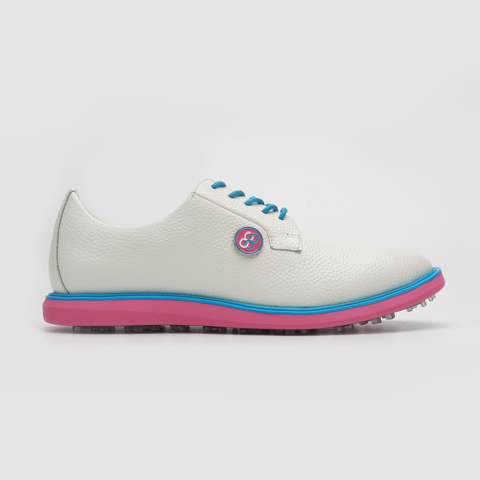 White bowling shoe with pink and blue accents on a white background sells at Paradise Golf