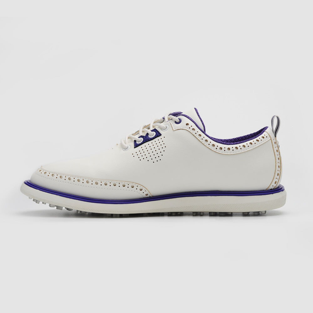 White golf shoe with purple accents on a light gray background sells at Paradise Golf