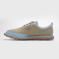 Beige and blue shoe on a white background sells at Paradise Golf