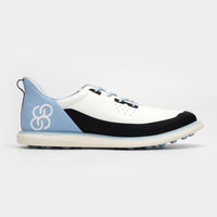 Golf shoe with a black, white, and blue design on a light gray background sells at Paradise Golf