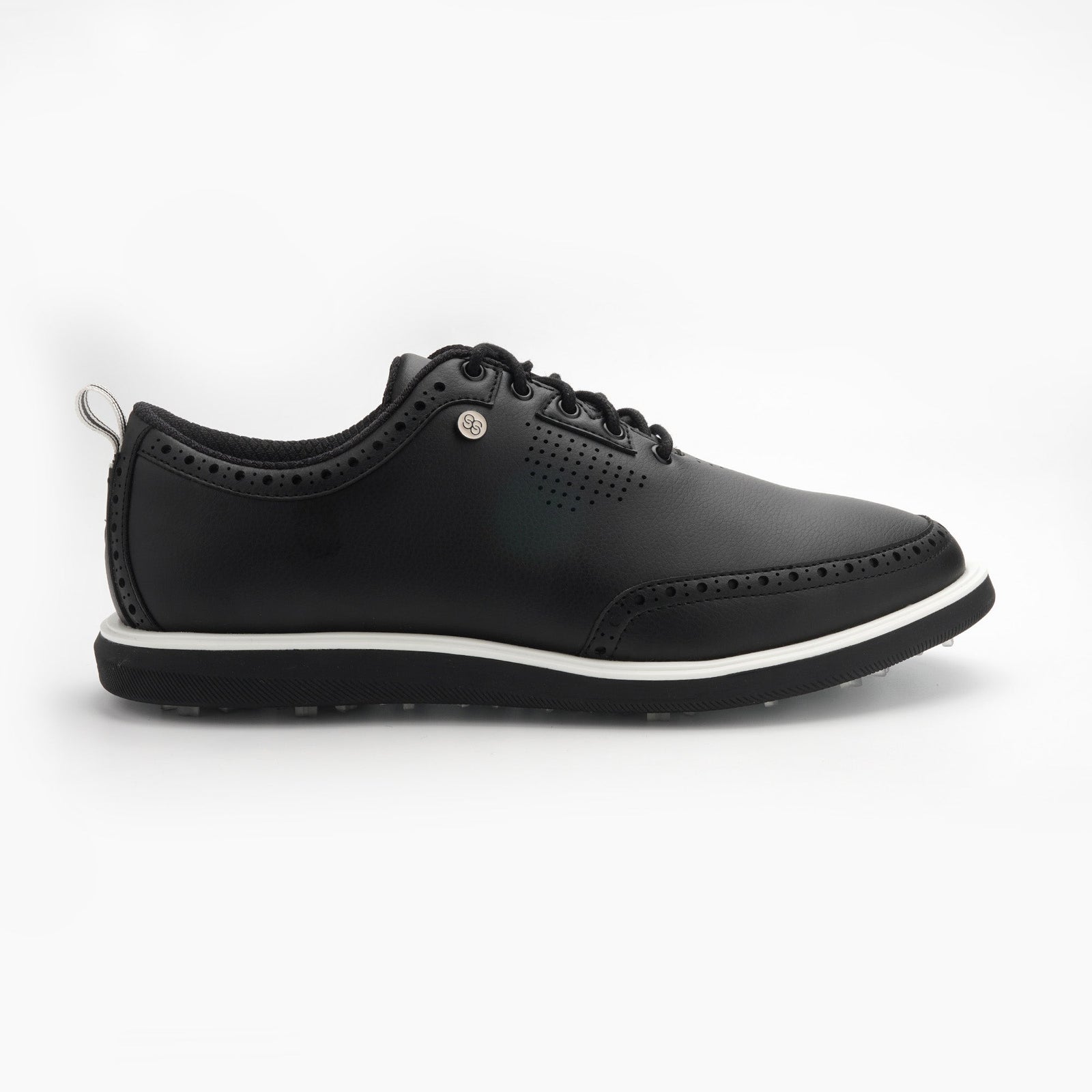 Black leather shoe with white sole on a white background sells at Paradise Golf