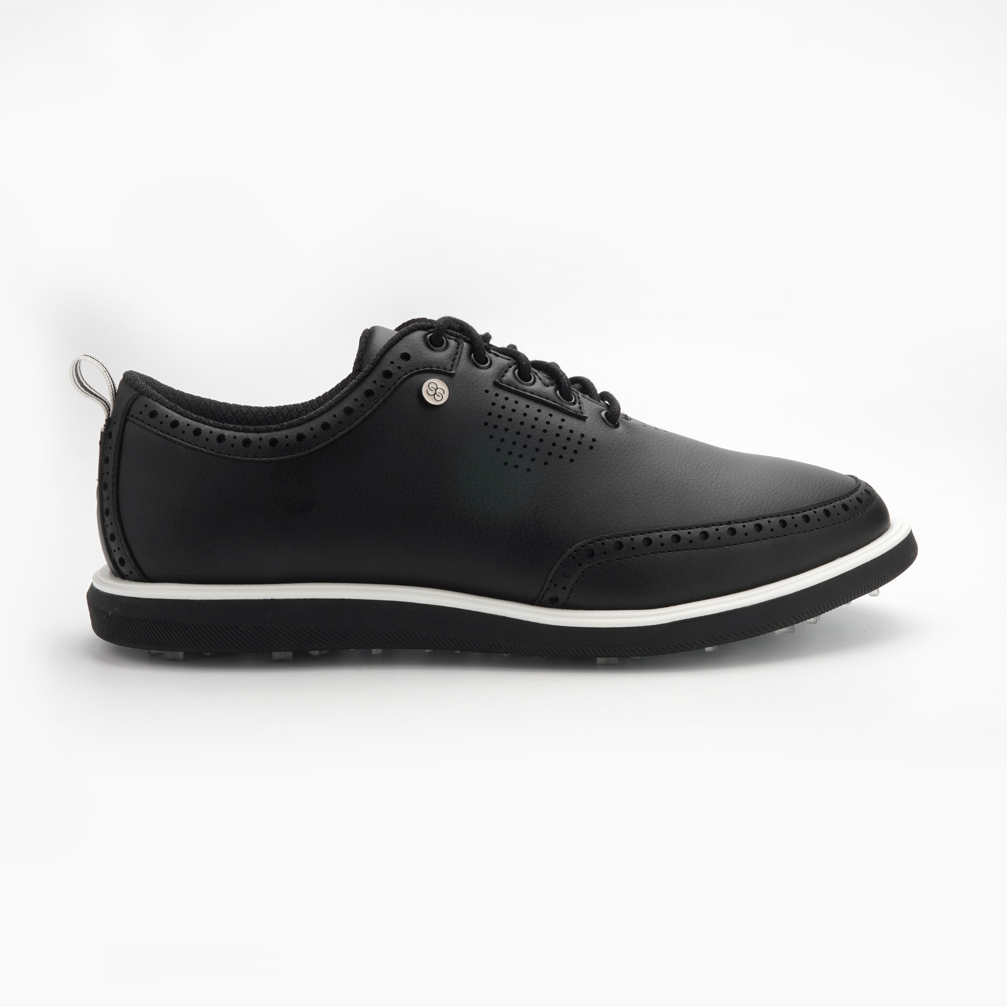 Black leather shoe with white sole on a white background sells at Paradise Golf