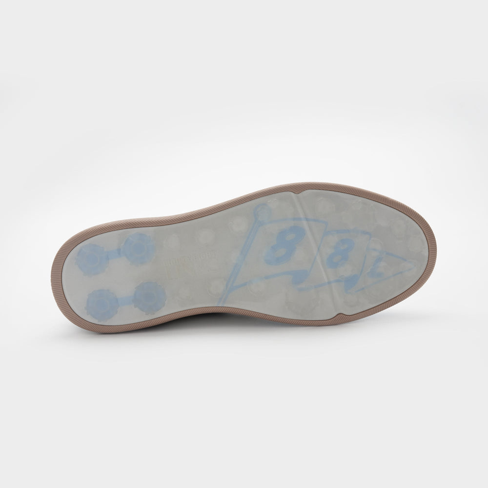 Shoe sole with blue arch support and brown border on a white background sells at Paradise Golf