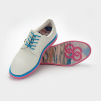 White shoe with blue laces and pink soles on a white background sells at Paradise Golf