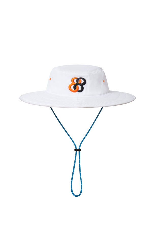 White wide-brimmed hat with a logo on a white background sells at Paradise Golf