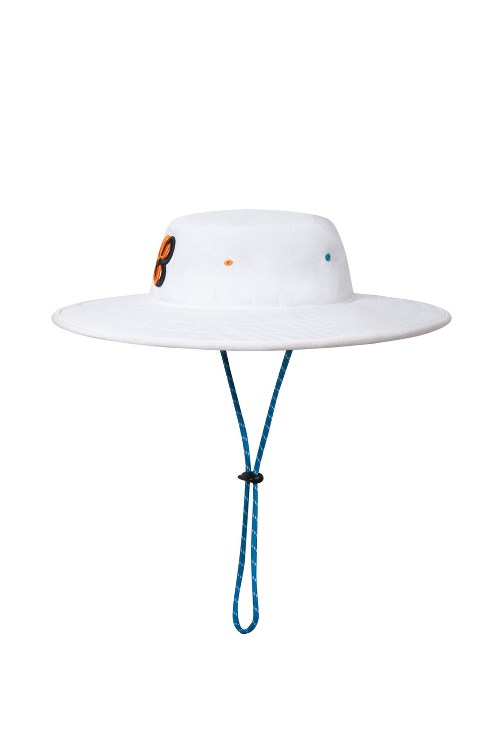 White wide-brimmed hat with a blue strap on a white background sells at Paradise Golf