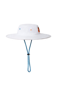 White wide-brimmed hat with colorful accents on a white background sells at Paradise Golf