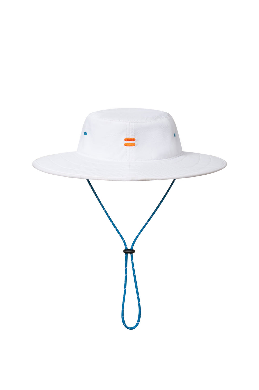 White wide-brimmed hat with a blue strap on a white background sells at Paradise Golf