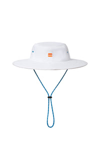 White wide-brimmed hat with a blue strap on a white background sells at Paradise Golf