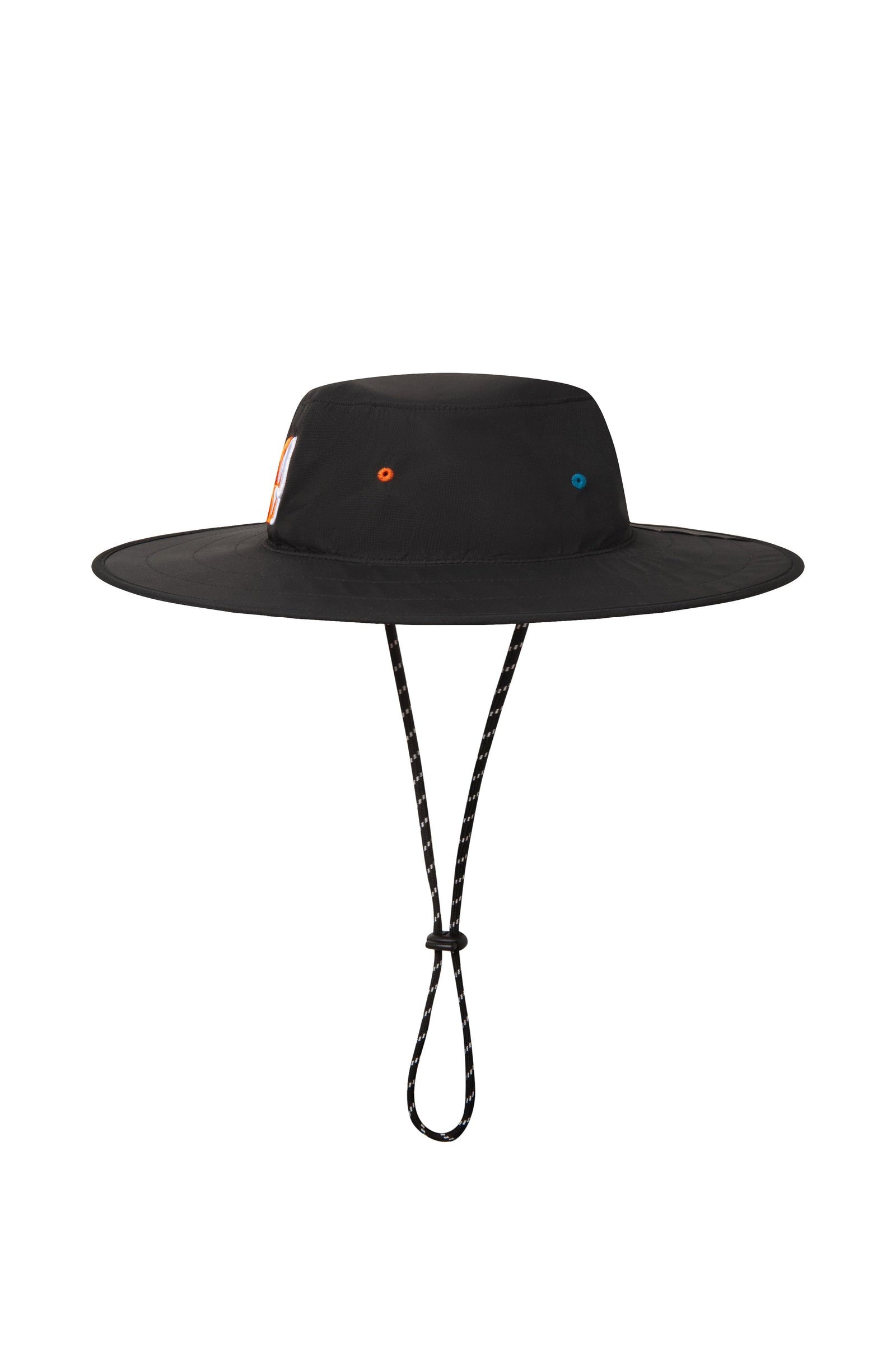 Black wide-brimmed hat with colorful accents on a white background sells at Paradise Golf