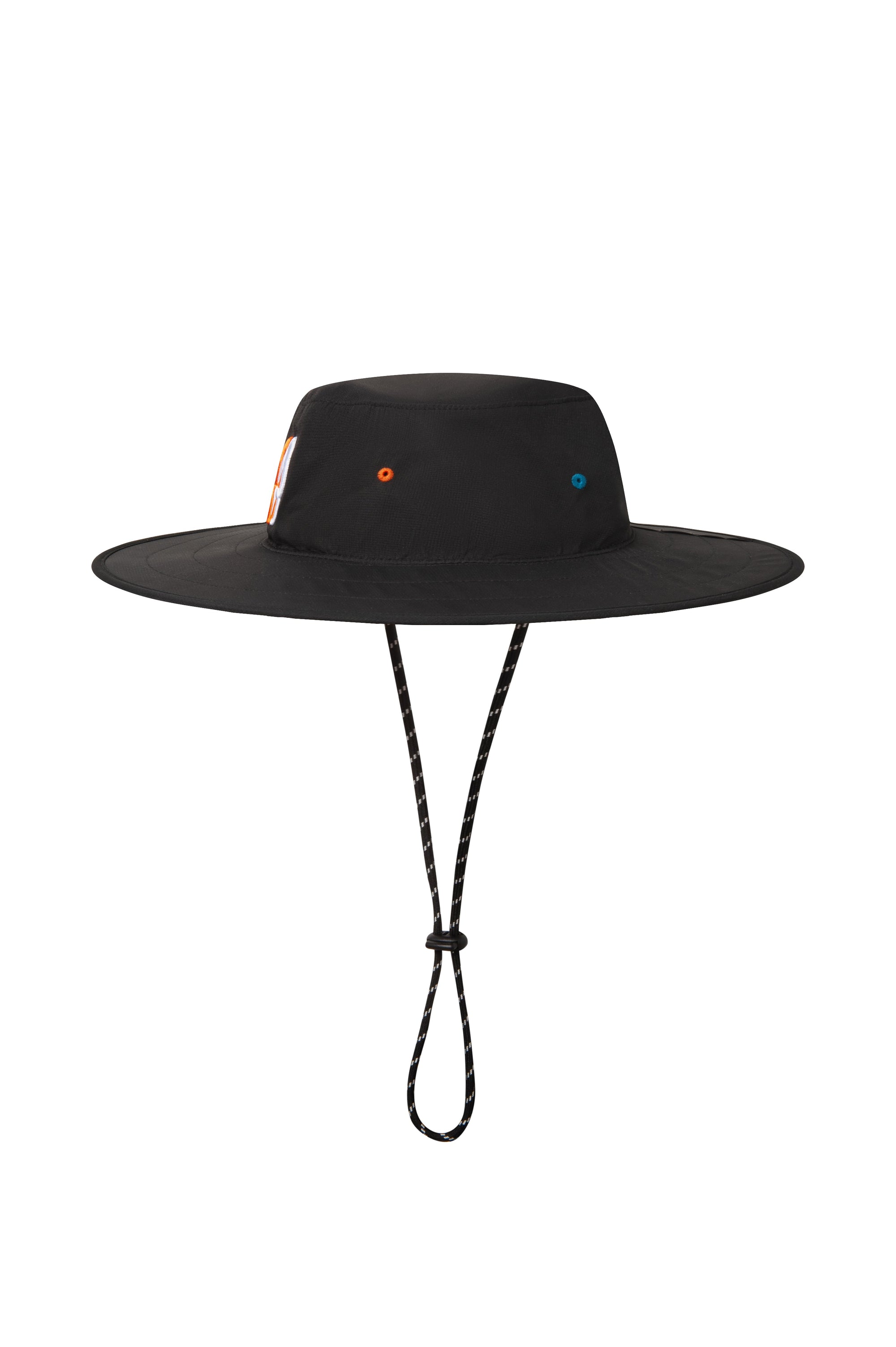 Black wide-brimmed hat with colorful accents on a white background sells at Paradise Golf