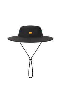 Black wide-brimmed hat with a chin strap on a white background sells at Paradise Golf