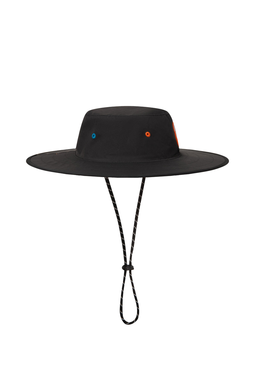 Black wide-brimmed hat with colorful accents on a white background sells at Paradise Golf