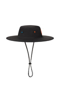 Black wide-brimmed hat with colorful accents on a white background sells at Paradise Golf