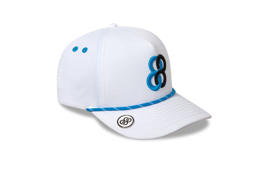White cap with blue and black design on a white background sells at Paradise Golf