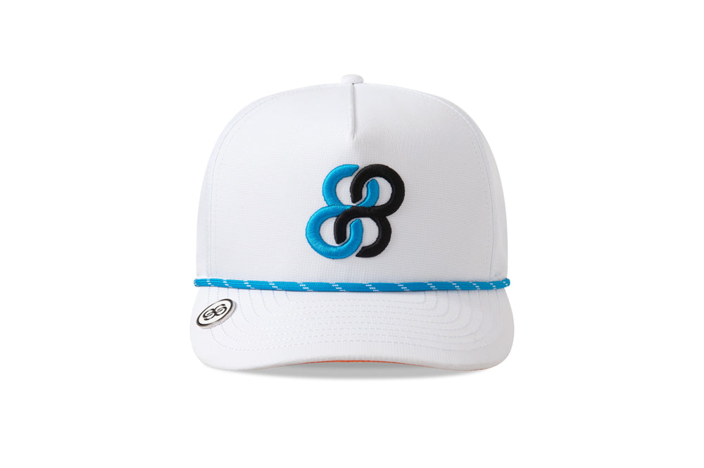 White cap with a blue and black logo on a white background sells at Paradise Golf