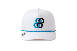White cap with a blue and black logo on a white background sells at Paradise Golf