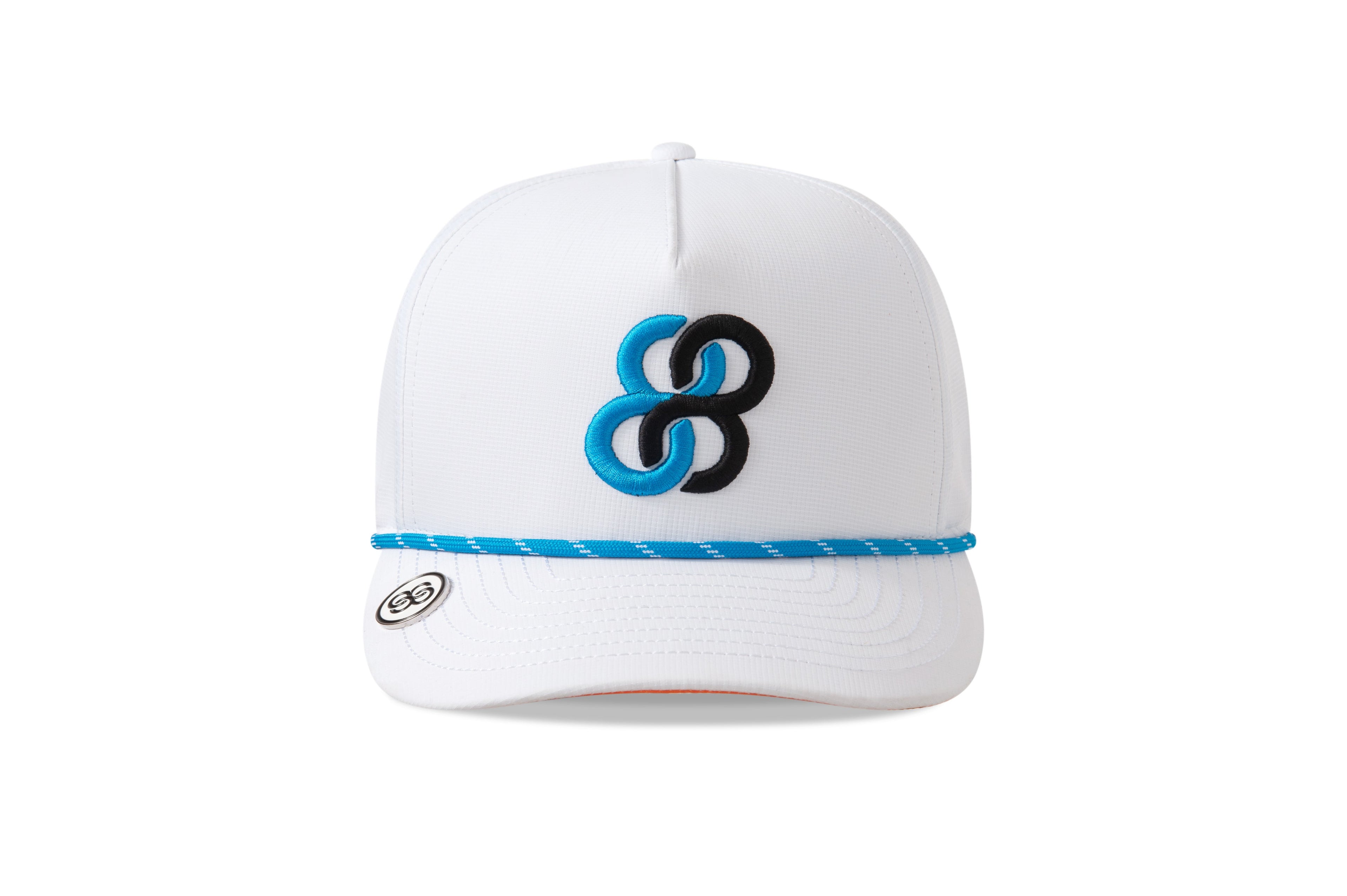 White cap with a blue and black logo on a white background sells at Paradise Golf