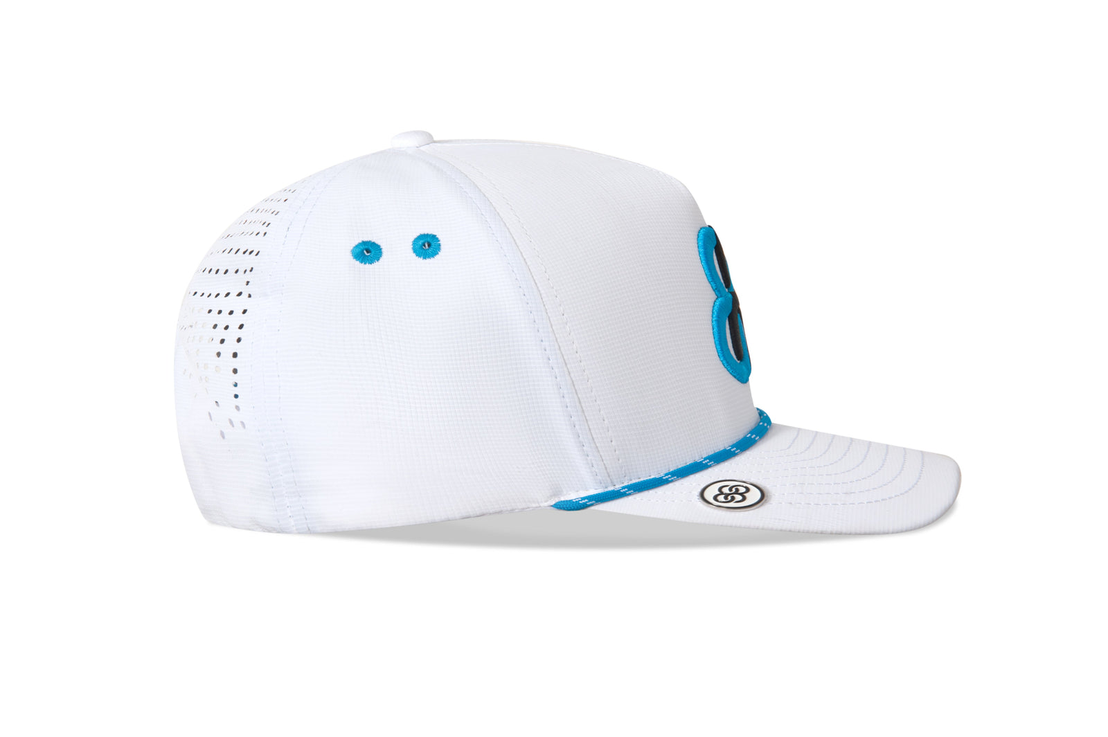 White cap with blue accents on a white background sells at Paradise Golf