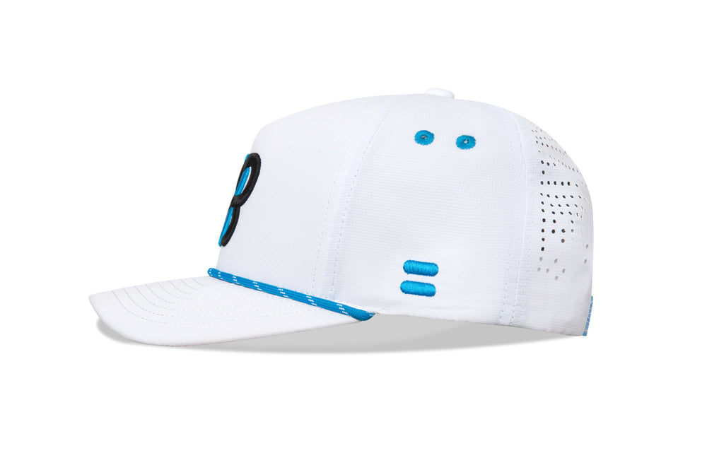 White cap with blue accents on a white background sells at Paradise Golf