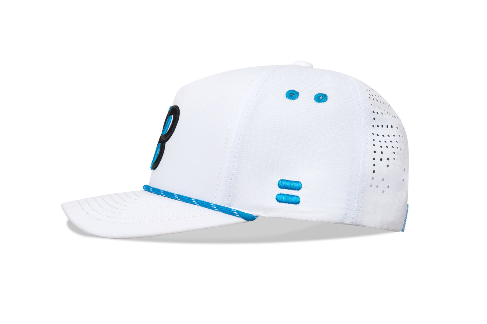 White cap with blue accents on a white background sells at Paradise Golf