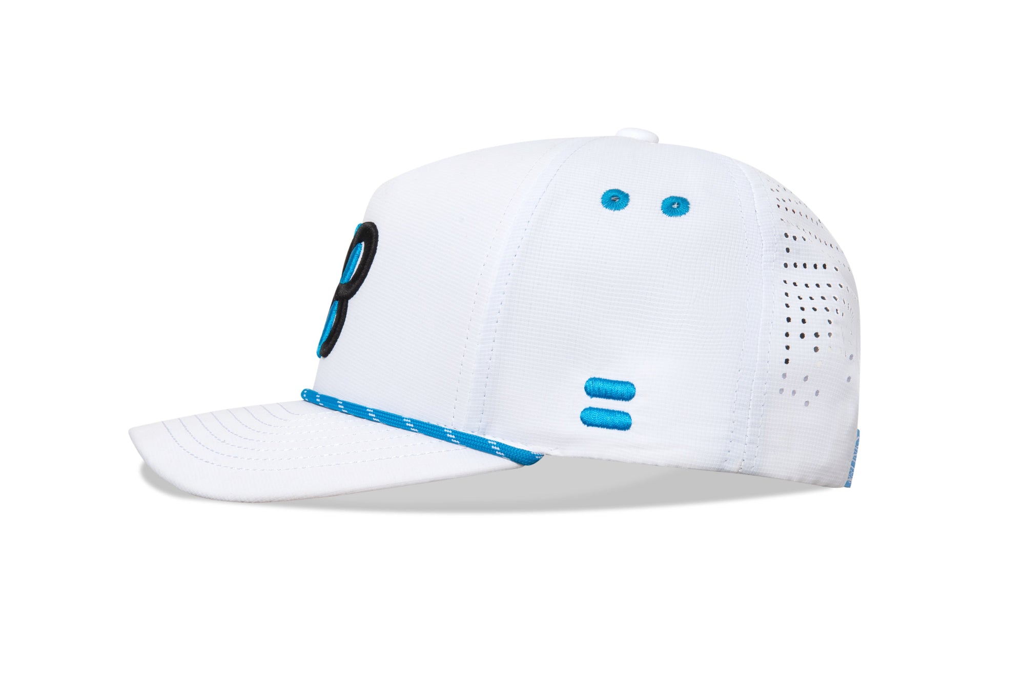 White cap with blue accents on a white background sells at Paradise Golf