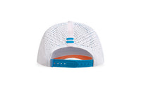 White cap with blue and orange accents on a white background sells at Paradise Golf