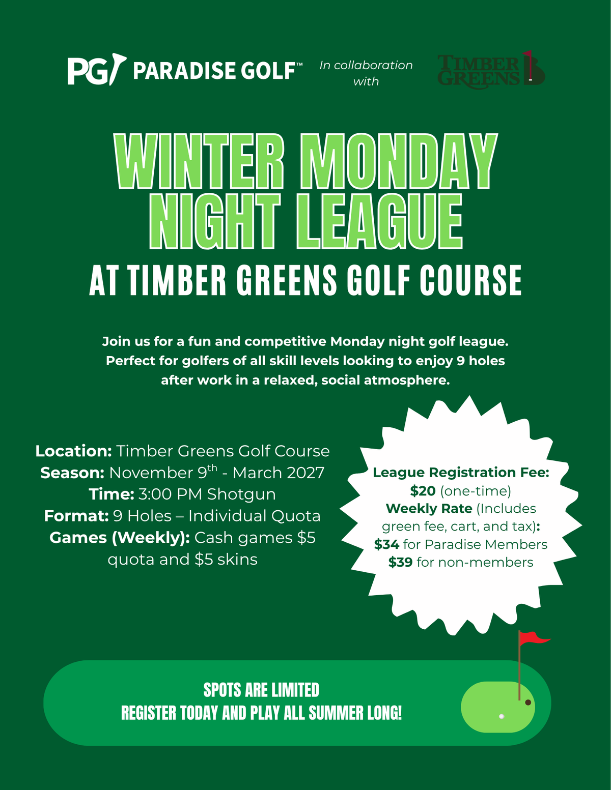 Winter Monday Night League at Timber Greens flyer
